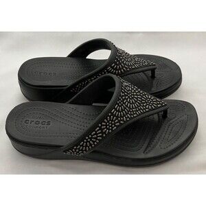 Crocs Women's Size W 10 Monterey Diamante Black Wedge Flip Flop Sandals